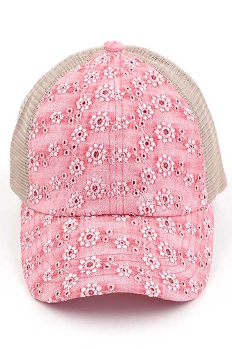 C.C Embroidered Floral Mesh Back Criss Cross Ponytail Messy Bun Baseball Cap - Picture 4 of 9
