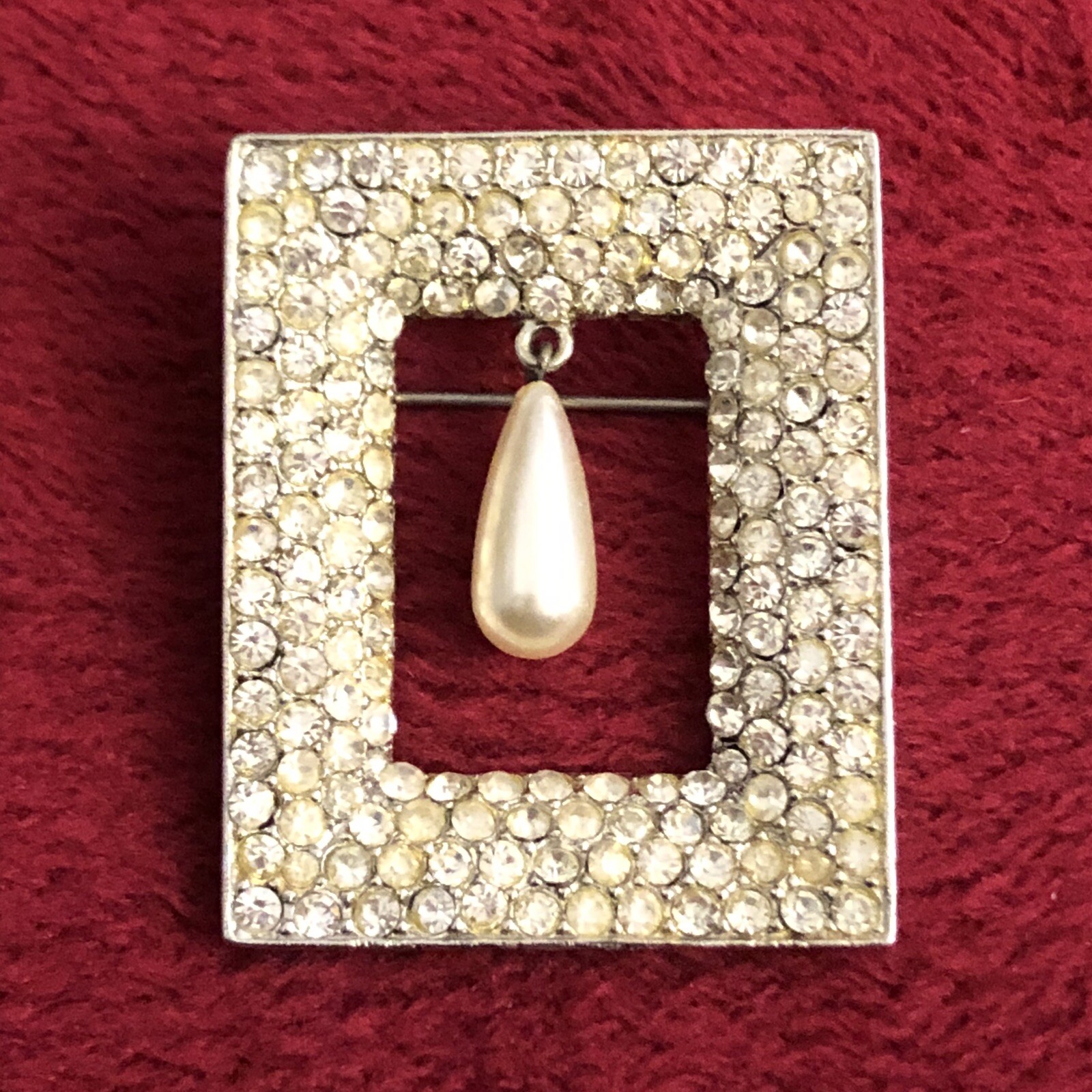 Signed Sphinx Rhinestone Frame Dangling Faux Pear… - image 1