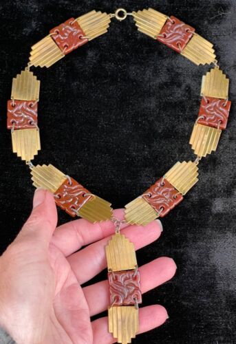 Art Deco antique Molded Czech glass gilt Brass necklace antique jewelry - Picture 22 of 24