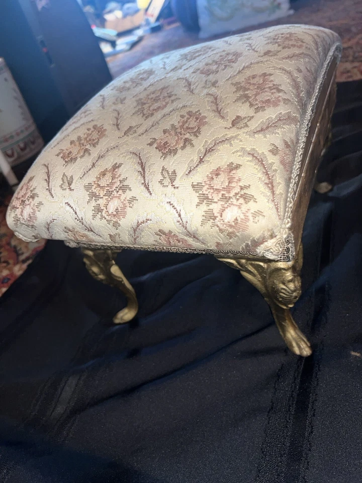 Antique Footstool French Country  Metal Legs Dainty. Curved Top! Rare - Image 2 of 4