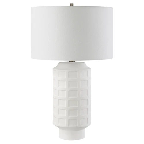 Contemporary Chalk White Ceramic Grid Pattern Table Lamp 28 in Embossed Squares - Picture 4 of 7