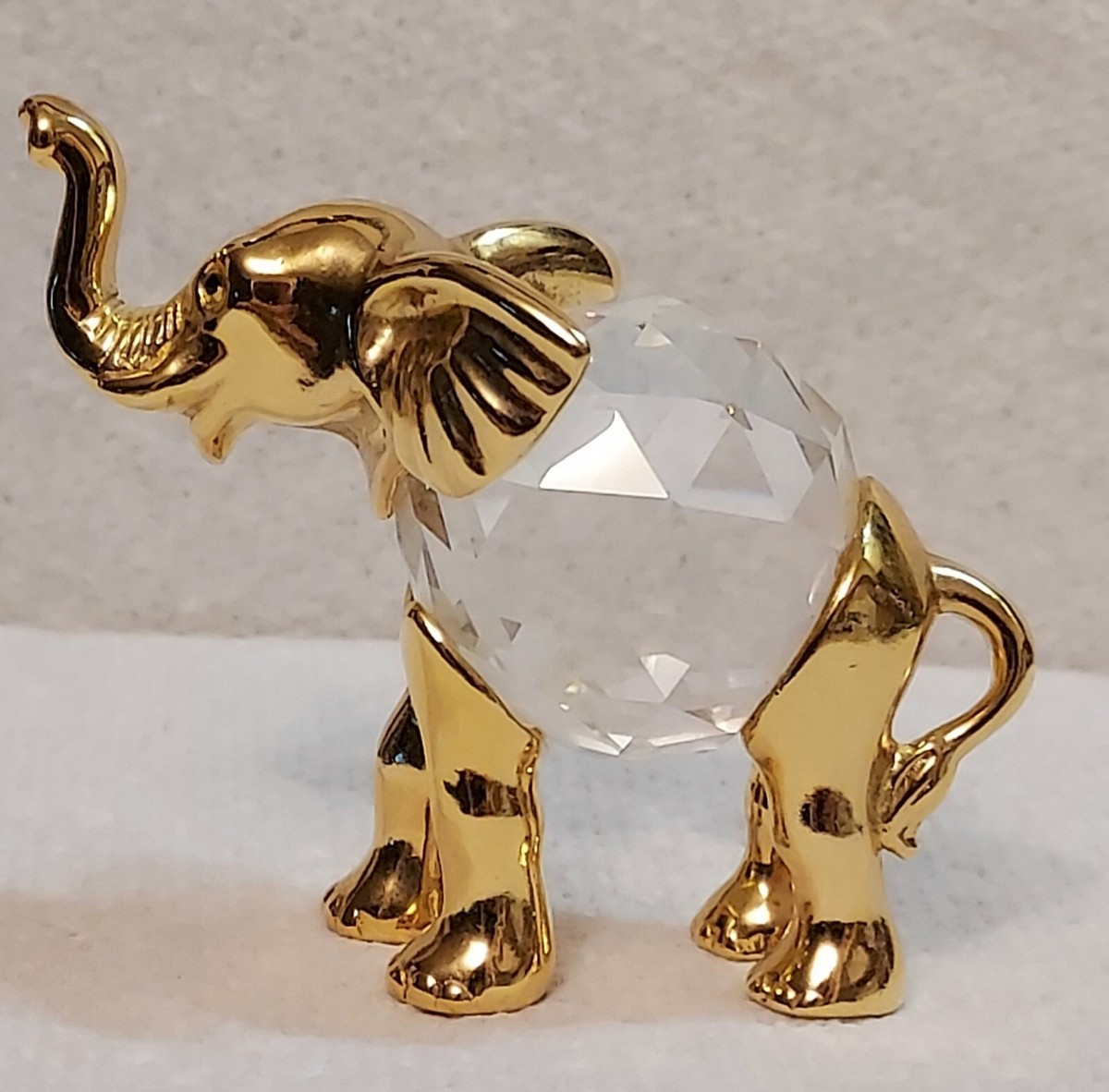 Faceted Crystal Ball Elephant Figurine Gold Tone Trunk Up