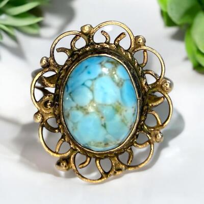 Vintage Sterling Silver Oval Turquoise Gemstone Filigree Solitaire Ring ...