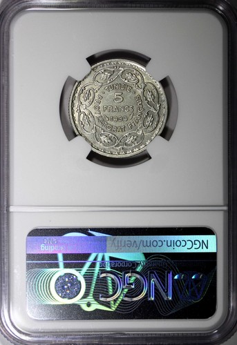 Tunisia Silver AH1358 // 1939 5 Francs NGC UNC DETAILS KM# 264 (042) - Picture 3 of 4