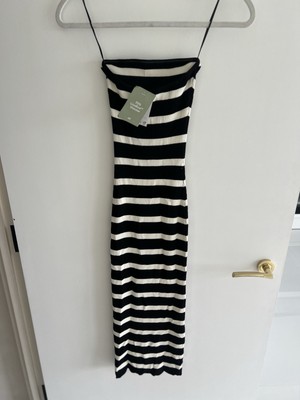 H&M black white striped ribbed tube strapless dress XS UK
