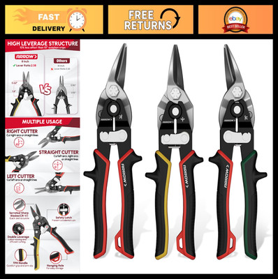 3PCS 8'' Aviation Tin Snips Set - Heavy Duty CR-V Steel, Left/Right/Straight Cuts