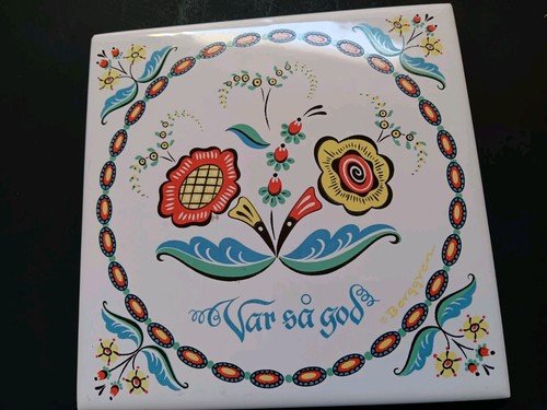 Vintage Bergren Swedish Ceramic Tile Trivet with "Var sa god" - 6 in. square