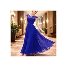 Blue Evening Gown Ball Gown Formal Event Prom Dress Sleeveless Lace Decolletag