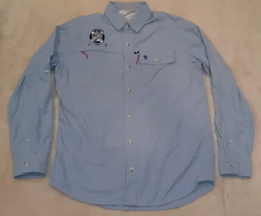 Duck Camp Vented Shirt Mens M Blue Fly Fishing Camping Hiking Logo Rollup Sleeve