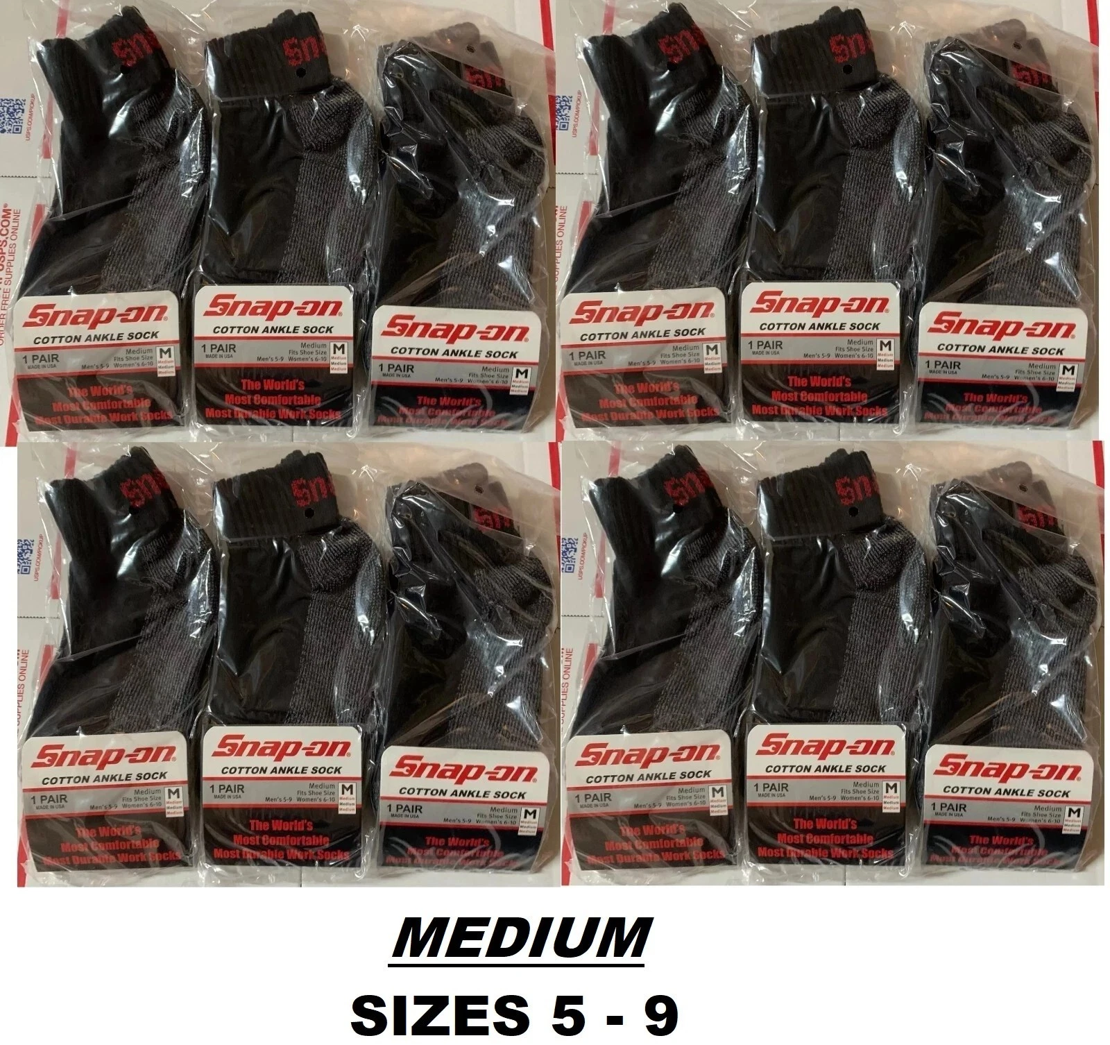 12 PAIRS Men's BLACK Snap-On Ankle Socks MEDIUM *FREE SHIPPING* MADE IN USA *NEW