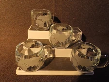 Nestle Nescafe World Globe Coffee Mugs Cups Clear Glass/Frosted Etched Set of 4