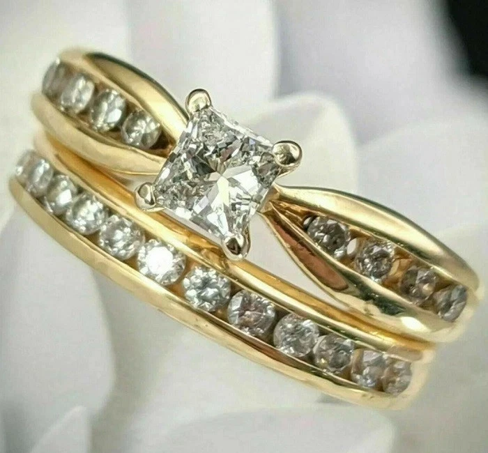 1.50 Ct Princess Cut Lab-Created Diamond 14k Yellow Gold Plated Bridal Ring Set - Image 4 of 4