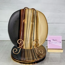 Home Trends BAZAAR BROWN Stoneware Square Tan Stripe 10 3/4" Dinner Plate Set 4