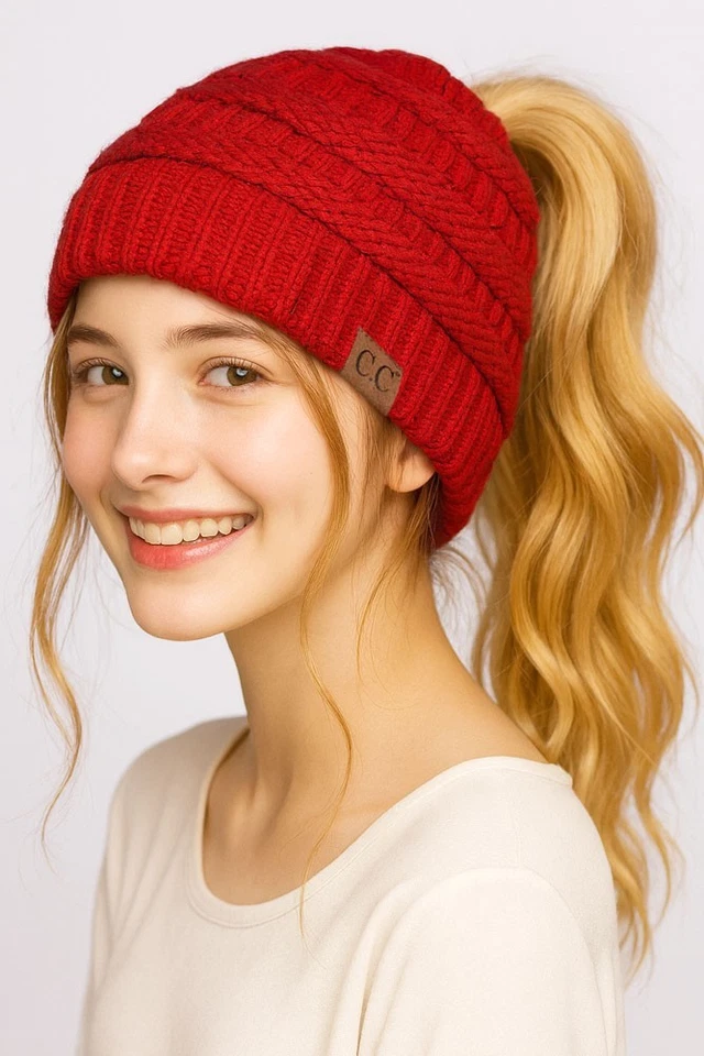 C.C Mujeres Gorro Cola de Caballo Moño Desordenado Sólido Acanalado Tejido Gorro Gorra Foto 3 de 4