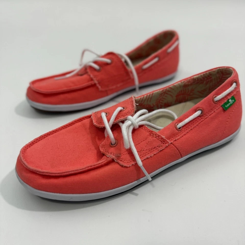 Zapato mocasín Sanuk Sailaway 2 aceras surfistas CORAL con cordones de lona para barco 7,5 Foto 2 de 4