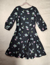 Banana Republic Women Dress 8 Black Floral Print 100% Polyester Fit Flare Knee L