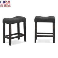 Tufted Saddle Stool Set of 2 Counter Height Kitchen Stools Wood Frame Gray New