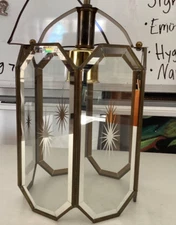 Vtg CHANDELIER BRASS BEVELED Etched GLASS CEILING LIGHT SHADE 12”H X 7”Dor Parts