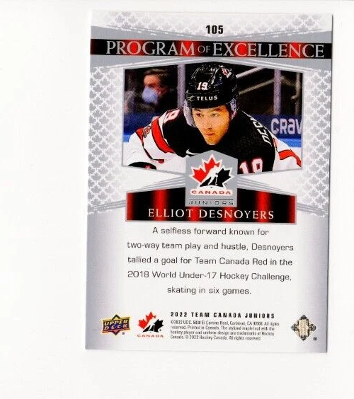2022 UD Team Canada Juniors Elliot Desnoyers #105 Program of Excellence Men's - Image 2 of 2
