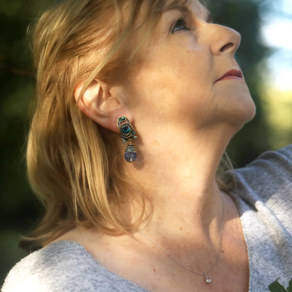 Ohrringe Clip On Golden Strass Türkis Perle aus Glas Facettiert Blau EH6 - Bild 3 von 4