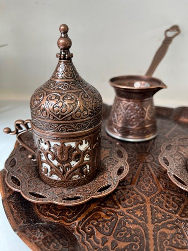 Turkish Greek Arabic Coffee Set, Turkish Coffee Cups , Copper Coffee Pot, Tray - Picture 4 of 16