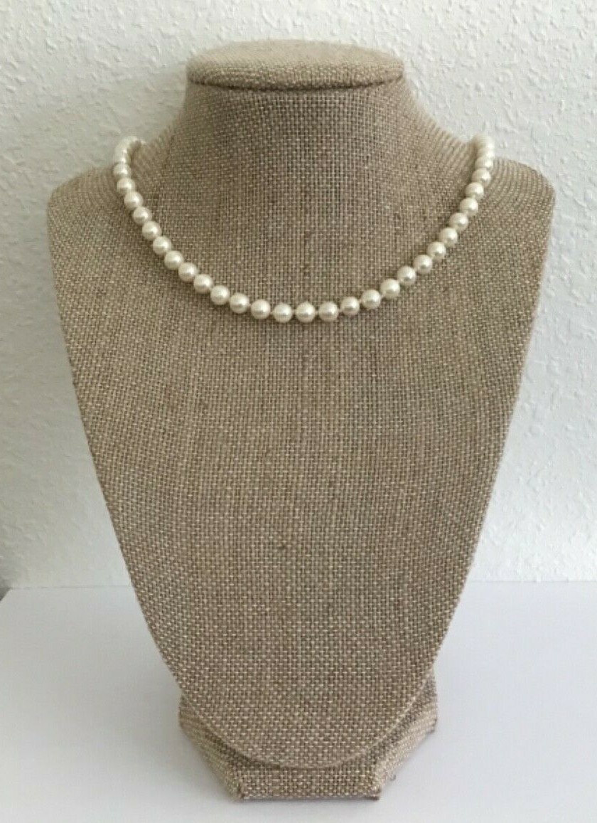 Vtg Hallmarked G Silver Clasp Knotted White Faux Pearl Necklace 18