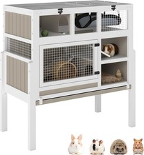 PETSCOSSET Guinea Pig Cages Indoor 3-Story Wooden Rabbit Hutch with Tray&Ramps