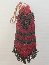 Antique Red Black Beaded Drawstring Flapper Pouch Bag 8.5"  4.25"