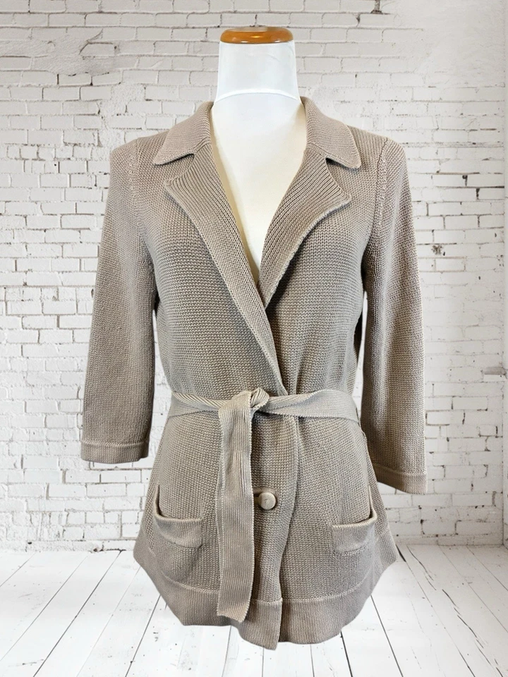 GAP女式中号灰褐色开襟针织腰带开衫 — 第 3/4 张图片