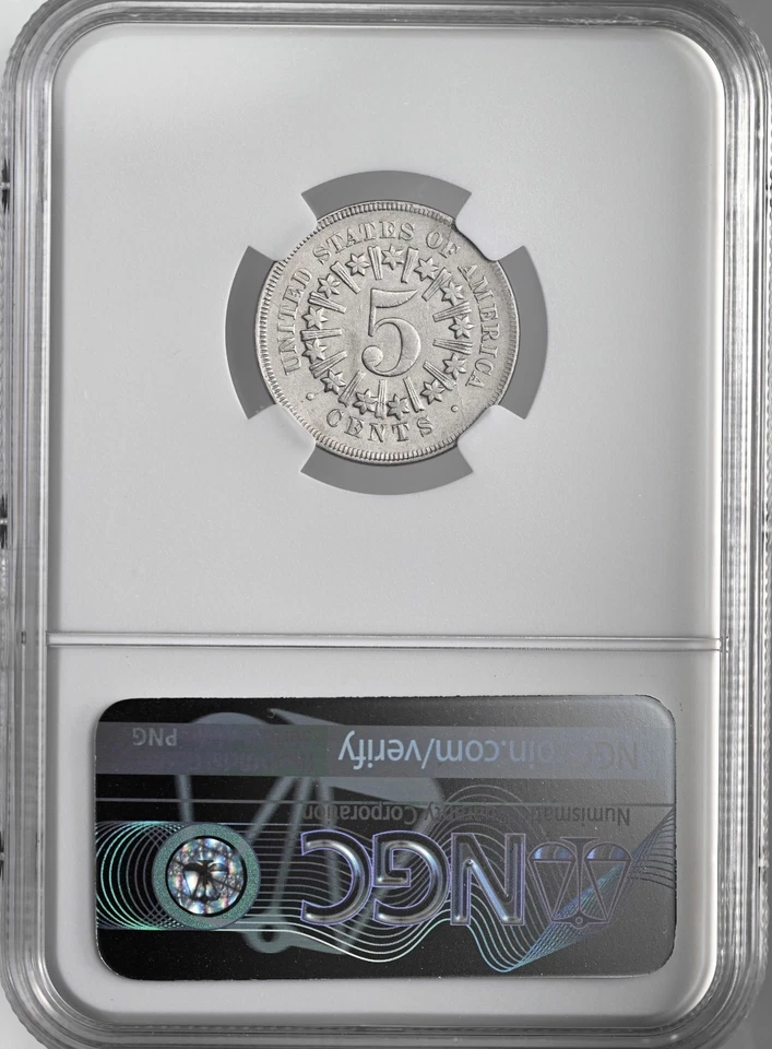 1866  5C SHIELD NICKEL WITH "RAYS"  NGC AU DETAILS "CLEANED"   #8404746-048 - Image 4 of 4