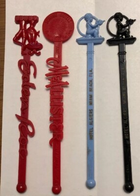 LOT OF 4 MIAMI HOTEL Swizzle Stick Drink Stirrers: Bikini Bow Eden Roc Algiers +
