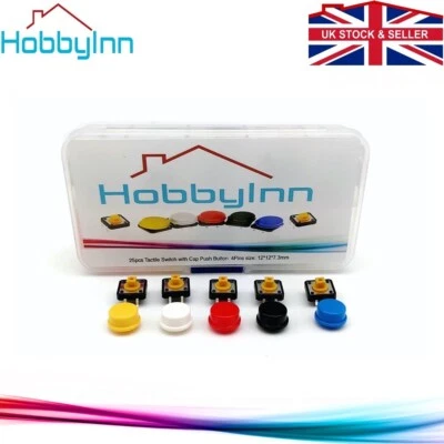 HOBBYINN 25pcs Tactile Switch Cap Push Button 4 Pins Micro Momentary Tact Assortment Kit