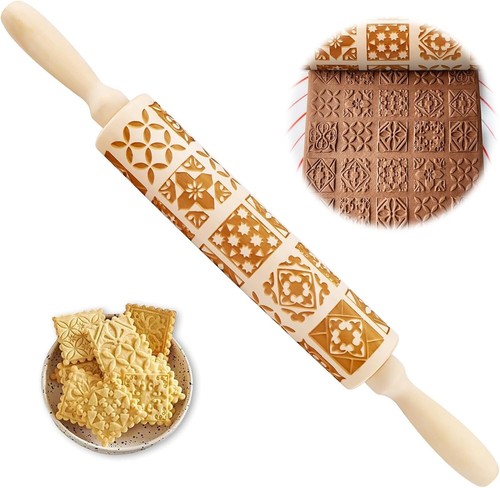 Teigroller Nudelholz mit Muster 39CM Holz Teigroller Rolling Pin mit 3D Prägu... - Bild 2 von 9