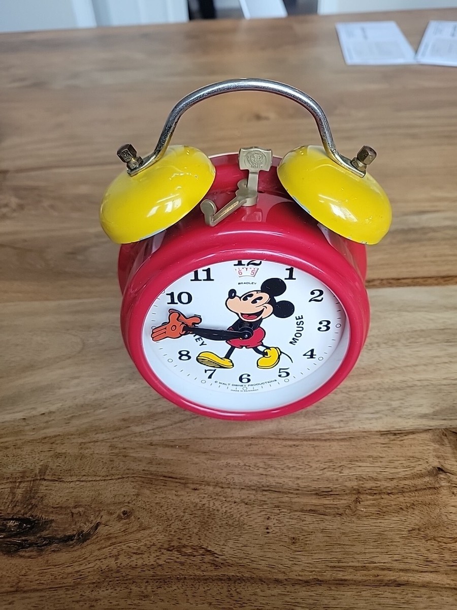 Vintage Disney Mickey Mouse Red Metal Wind Up Alarm Clock