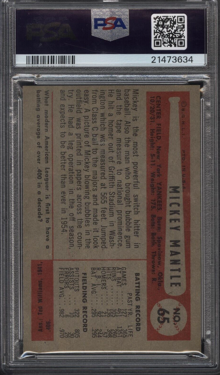 アメリカ人ポッキーマンカード 1954 Bowman #65 MICKEY MANTLE Yankees PSA 8.5 NM-MT+++ An Absolute