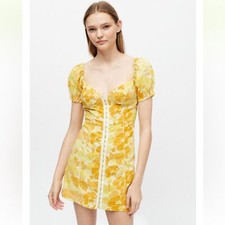 Urban Outfitters | UO Britney Puff Sleeve Hook and Eye Mini Dress Yellow Retro