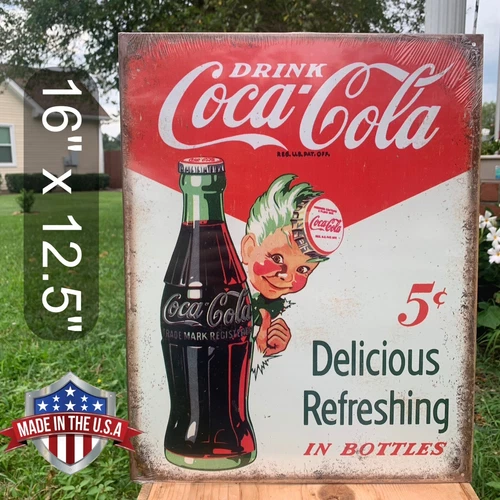 Vintage Coca Cola Sign Tin Metal Soda Pop Bottle Advertising Refresh Sprite Boy