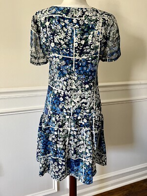 Anthropologie Timo Weiland Blue White 100% Silk Floral Ruffle Flare Dress 2  XS | eBay