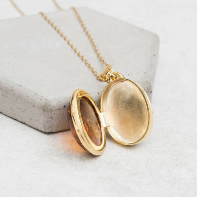 Amber Locket Pendant Necklace Gold 
