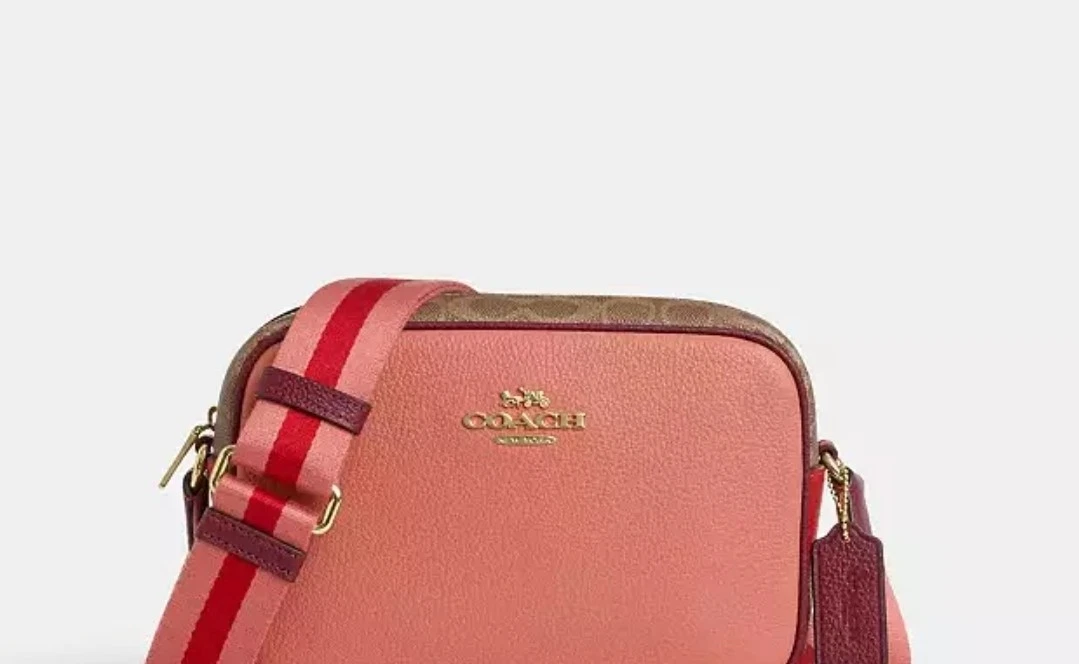 Borsa a tracolla Coach CBA60 Signature Colorblock Jamie fotocamera marrone corallo bruciato