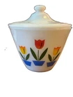 VTG 1950’s FIRE-KING Tulip Grease Jar w/ Lid Anchor Hocking Milk Glass Ovenware