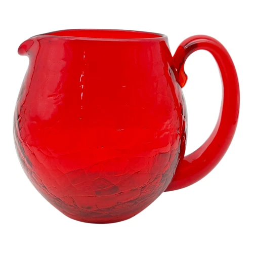 Blenko Crackle Glass Pitcher Vase - 5.5" vtg 1950s Ruby Red Hand Blown #3750-L