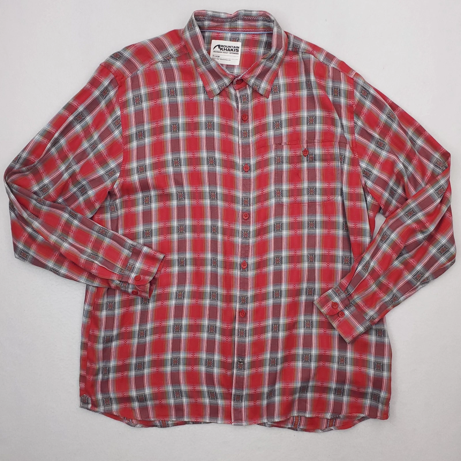 Mountain Khakis Shirt Mens Extra Large Red Blue Plaid Flannel Southwestern Aztec