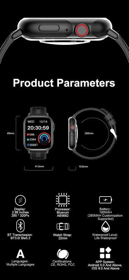2.99" Smartwatch For Men/Women Bluetooth Call Sport Heart Rate Fitness Tracker - Image 3 of 4
