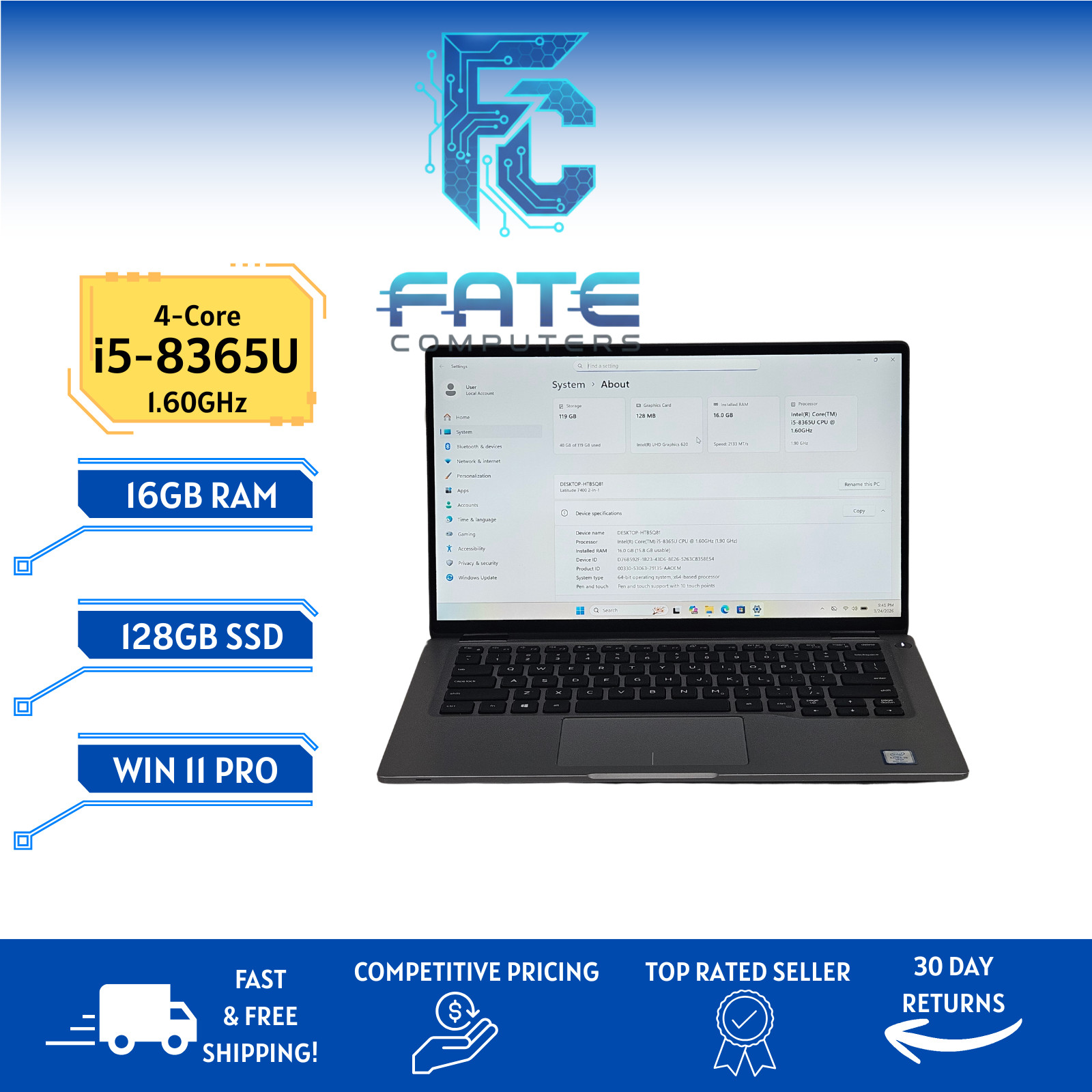 Dell Latitude 7400, 14-Inch Laptop, with Intel Core i5-8365U, Windows 11 Pro