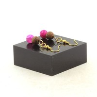 Steine Und Mineralien. Ohrringe 2 Perlen Agate Craquelé Fuchsia + Holz