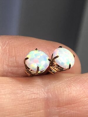 14.   10K Yellow Gold Lab Created White Opal Prong Set Stud Earrings 6mm, 0.3g