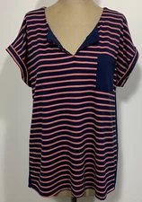 Retro-ology Womens Shirt Top Large Navy Blue Salmon Striped Rolled SS V Neck