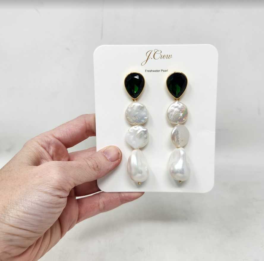 New J Crew freshwater pearl and green crystal 3 J. Crew - Freshwater Pearl and Emerald Green Crystal Drop Earrings main image 0