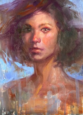 Beautiful sad  emotional Woman painting portrait original oil on canvas